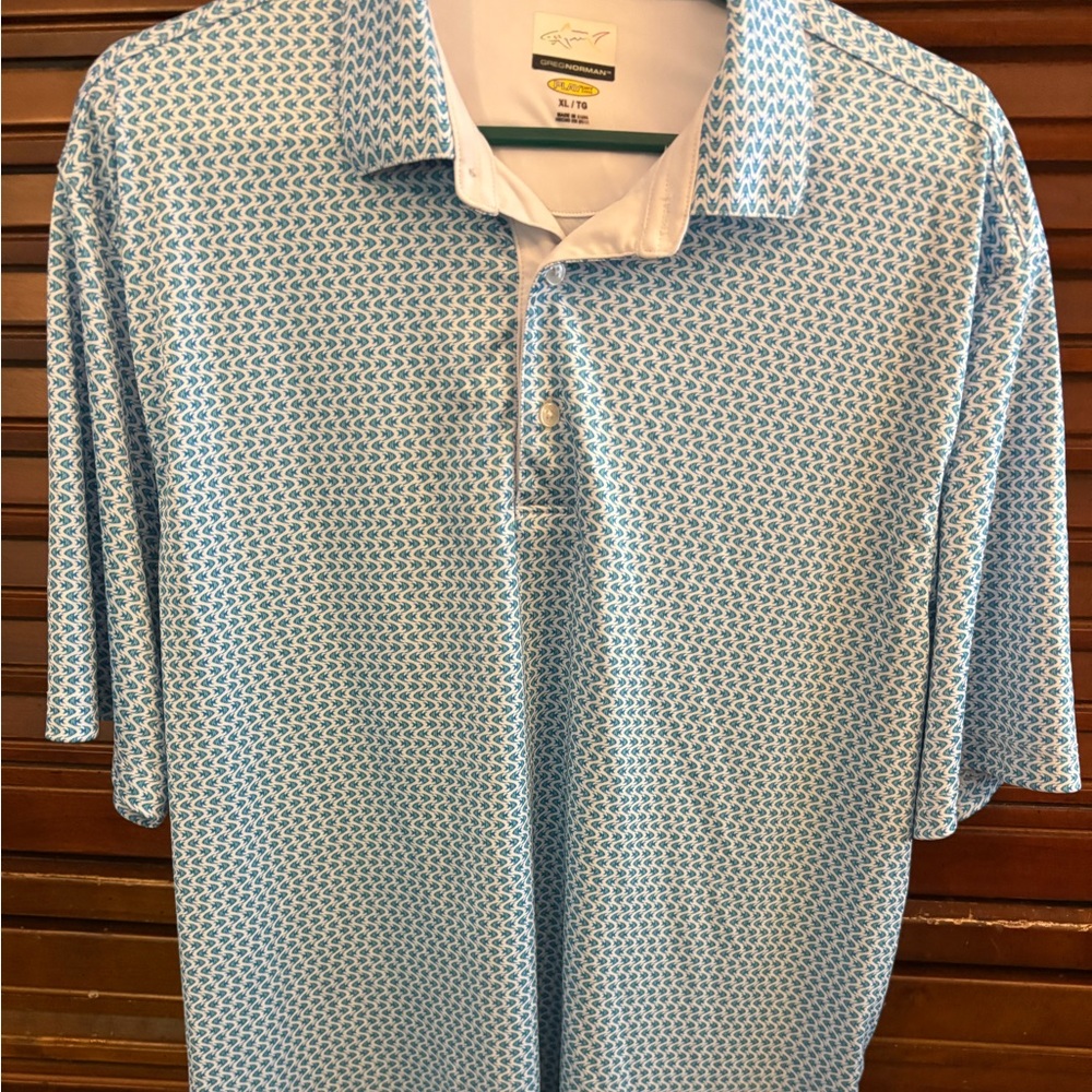 Greg Norman Collection Light Blue Patterned Polo with White Contrast